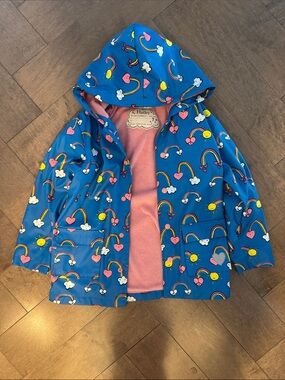 Hatley Blue Rainbow & Heart Hooded Kids Raincoat with Pink Lining